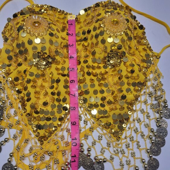 Yellow Sequin Halter Crop Top Silver Sequin Backless Belly Dancing Tops NEW - Picture 10 of 12